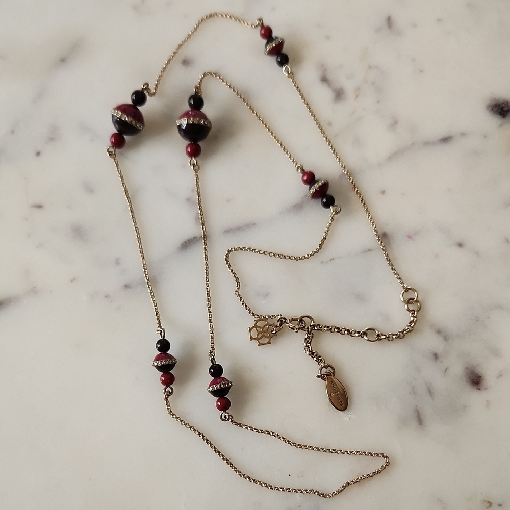 Ann Taylor | Goldtone | CZ & Red Enamel Beaded Necklace 36"